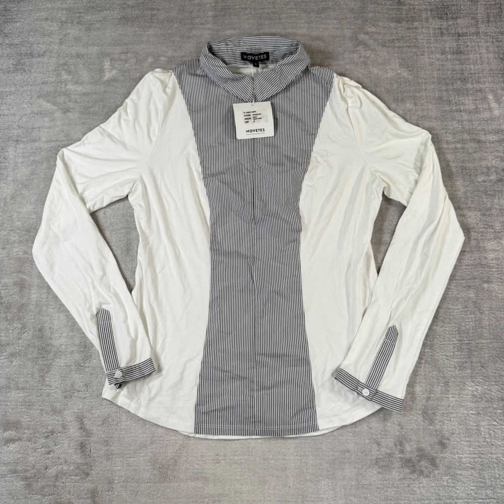 Movetes Shirt Womens 8 Gray White Stripe LS Cindy Mock Neck Zip Golf Performance